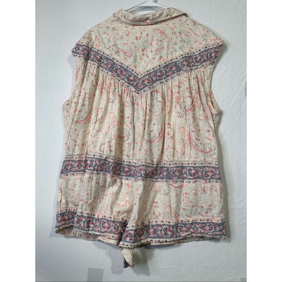 Free People Boho Relaxed Floral Cream Pink & Blue Telly Romper Size Medium - Picture 11 of 11